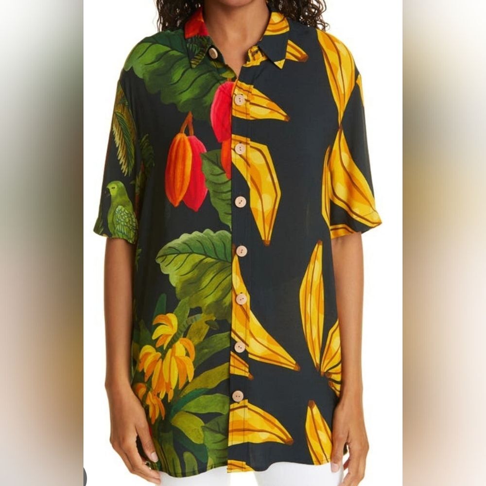 Farm Rio Womens Tropical Print Oversized Button-Up Shirt Size Small